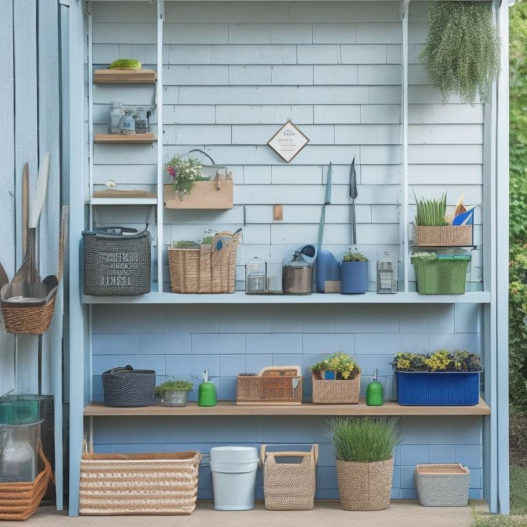 A clutter-free garden shed with a pegboard displaying neatly hung gardening tools, baskets of organized supplies, and a labeled shelving unit with a watering can and folded garden gloves.