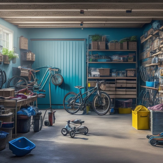 A cluttered garage interior with a car's front bumper inches from the wall, surrounded by stacked boxes, bicycles, and gardening tools, with a faint outline of a car's ideal parking space in the background.