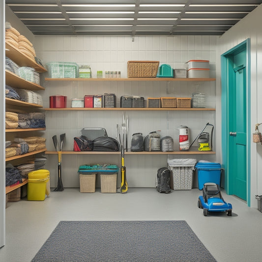 A well-organized garage interior with a slatted wall system, hooks, and bins storing lawn mowers, gardening tools, and accessories, surrounded by a clean and polished concrete floor.