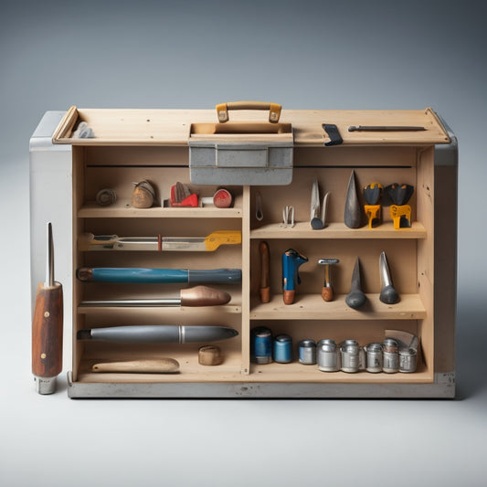 A well-organized toolbox with a mixture of metal and wooden tools, each with a colorful, rectangular magnetic label, set against a clean, white background with subtle shadows and soft, natural light.