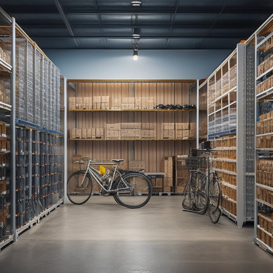 A well-organized warehouse with rows of sleek, silver storage racks, each tailored to hold specific items: bicycles, guitars, wine bottles, and luggage, with soft, warm lighting and a subtle gradient background.