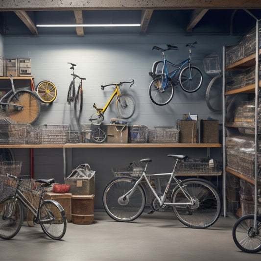 A cluttered garage with scattered tools, bikes, and boxes, contrasted with a separate, organized section featuring sleek, silver shelving units, labeled bins, and a few neatly hung bicycles.