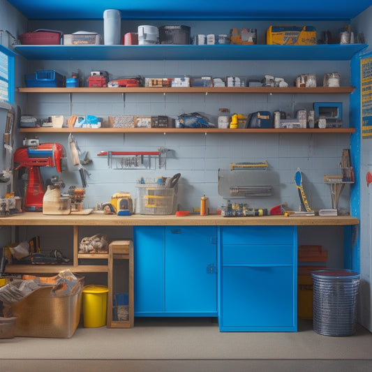 A cluttered workshop with scattered tools and half-finished projects transforms into a sleek, organized space with freshly painted walls, labeled storage bins, and a pegboard with neatly hung accessories.