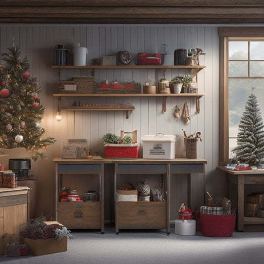 A tidy small garage with seasonal decorations organized on shelves and in labeled bins, with a few festive items displayed on a workbench, surrounded by warm lighting and a subtle winter wonderland backdrop.