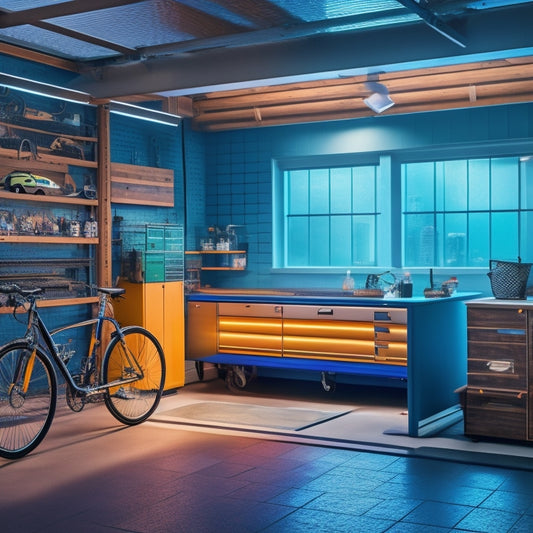 A well-organized garage with a sleek, epoxy-coated floor, custom cabinetry, and a neon-lit pegboard, featuring a vintage sports car, a few bicycles, and a hint of natural light peeking from the background.