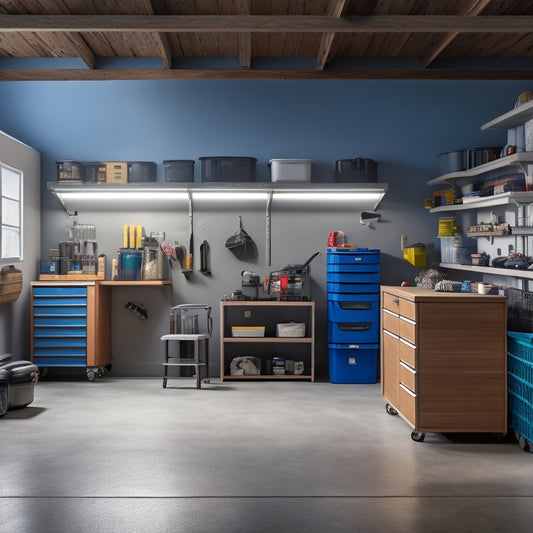 A well-lit garage with polished concrete floors, featuring three DIY shelving units with drawers in different sizes and styles, surrounded by various tools and storage bins.