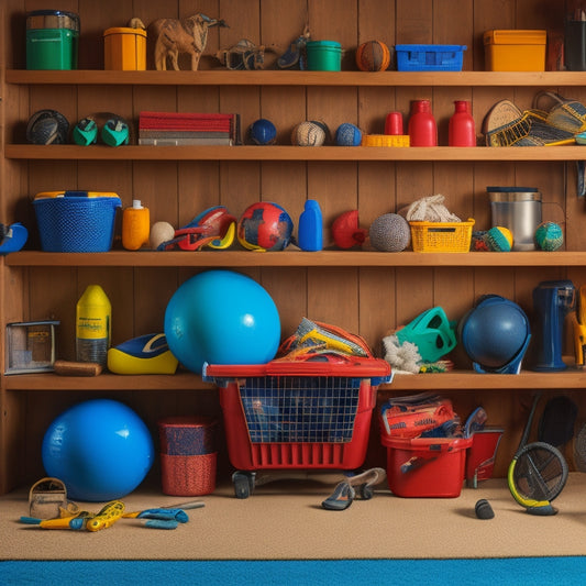 A cluttered garage with scattered toys, tools, and sports equipment transforming into an organized space with labeled bins, hooks, and a sleek shelving system, amidst a warm and inviting color scheme.