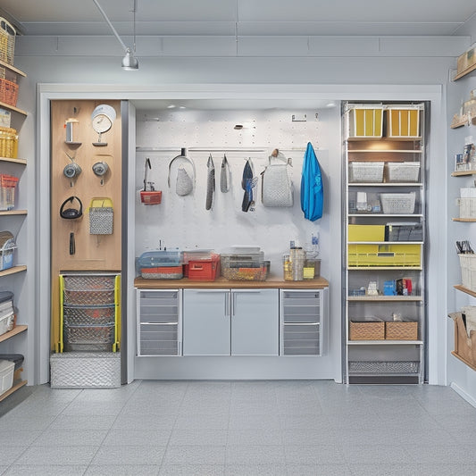 A bright, modern garage with a sleek, silver door featuring a large, circular window, surrounded by organized storage bins, baskets, and a pegboard with hanging tools and accessories.