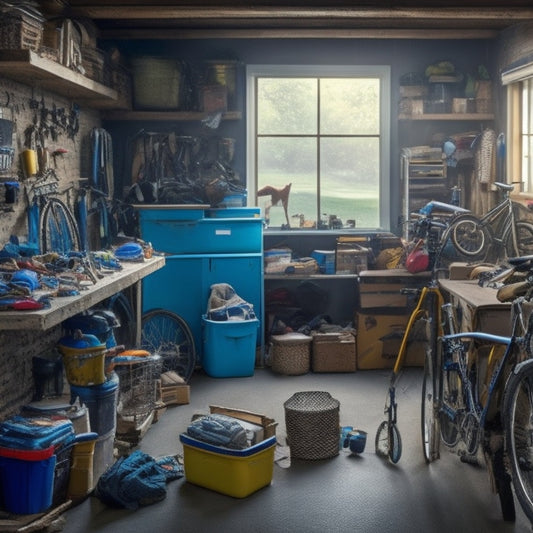 A cluttered garage with bicycles, tools, and boxes stacked haphazardly, a family's scattered belongings spilling out of shelves and onto the floor, with a faint hint of a workbench in the background.