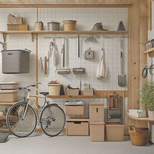 A well-organized garage with a DIY storage system: slatted wooden shelves, baskets, and bins in a warm beige color, surrounded by neatly hung bikes, tools, and gardening equipment on a sleek metal pegboard.