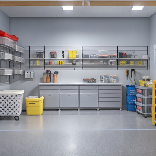 A tidy, well-lit garage with a sleek, gray epoxy floor, featuring a mix of wall-mounted bins, shelves, and hooks, alongside a row of labeled storage bins and a compact workbench with organized tools.