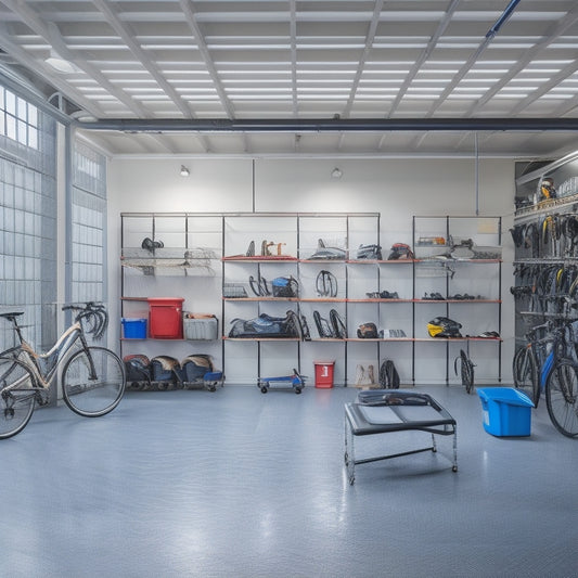 A serene garage interior with neatly arranged rows of bins, hooks, and shelves, a few bicycles suspended from the ceiling, and a single, sleek sports car parked in the center.