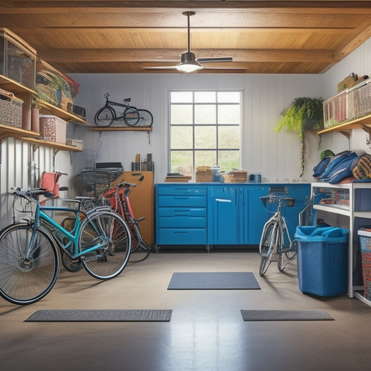 A cluttered garage with tools and storage bins scattered on the floor, transformed into an organized space with sleek, silver overhead racks holding bicycles, luggage, and storage containers.