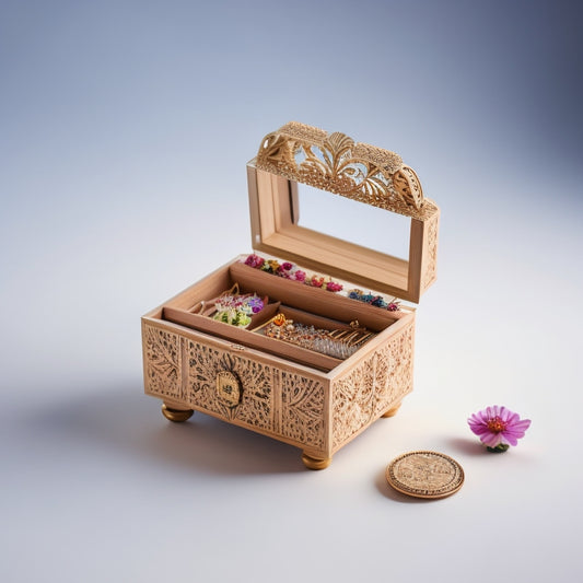 A delicate, intricately designed laser-cut wooden jewelry box with a floral pattern, surrounded by various unique and colorful jewelry pieces, against a soft, creamy white background.