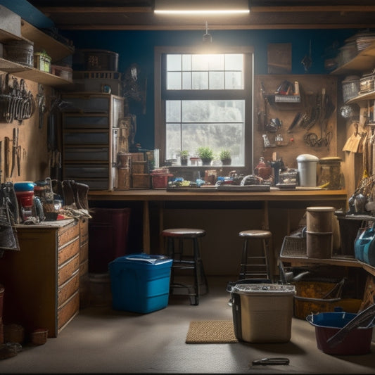 A cluttered garage with scattered tools and storage bins, transitioning into a tidy space with labeled bins, organized toolboards, and a pegboard, all within a warm, well-lit atmosphere.