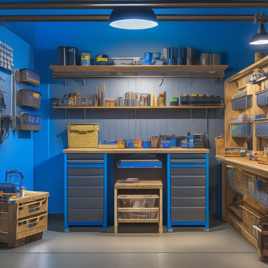 A well-lit, organized garage workspace with a sturdy workbench, pegboard with neatly hung tools, a toolbox with open drawers, and a floor-to-ceiling shelving unit storing bins and machinery.