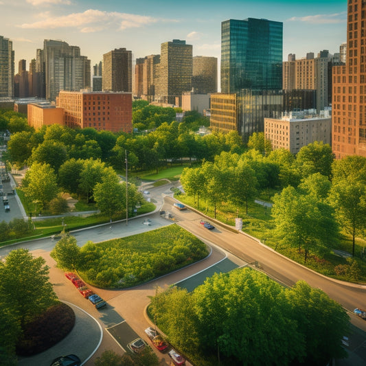 Aerial view of a once-neglected cityscape transformed: lush green parks replace parking lots, bike lanes weave through revamped streets, and vibrant mixed-use buildings rise from former vacant lots.