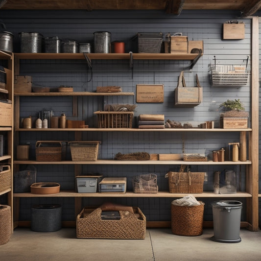 A clutter-free garage with a slatted wooden wall, bins and baskets in various sizes, a pegboard with hanging tools, and a DIY shelving unit made from repurposed crates.