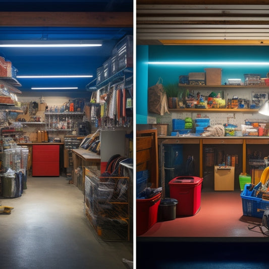 A before-and-after split-screen image: cluttered garage with tools scattered, boxes piled high, and a dimly lit atmosphere, contrasted with a sleek, organized space featuring labeled bins, a pegboard, and a shiny floor.