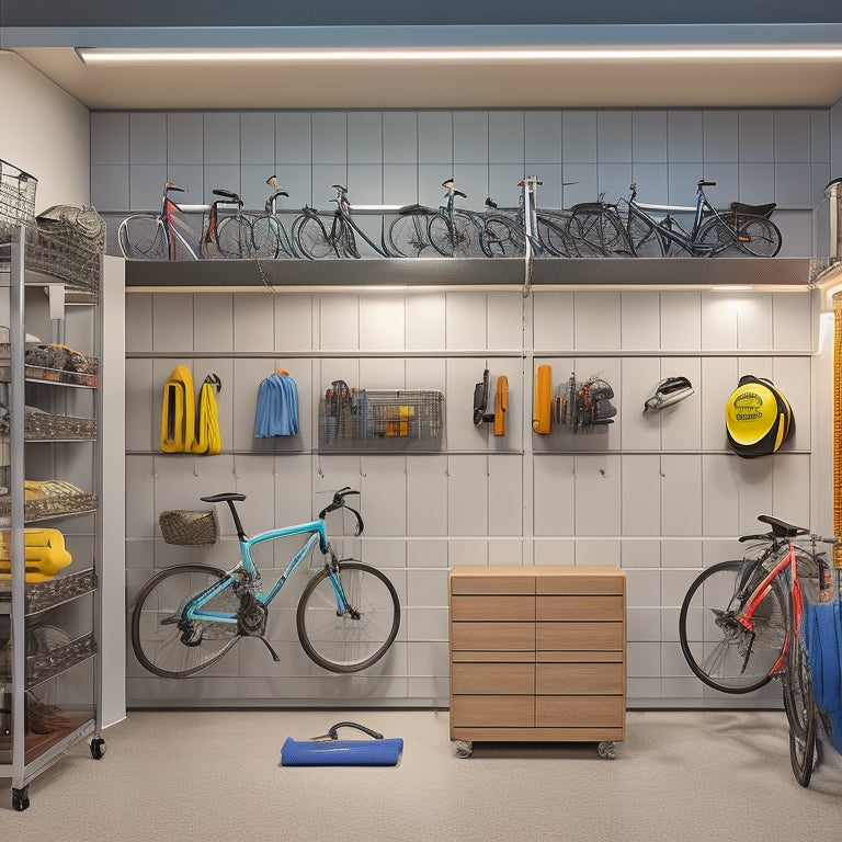 A clutter-free garage with sleek, silver cabinets, transparent storage bins, and a slatted wall system holding bicycles, tools, and sports equipment, illuminated by soft, warm overhead lighting.