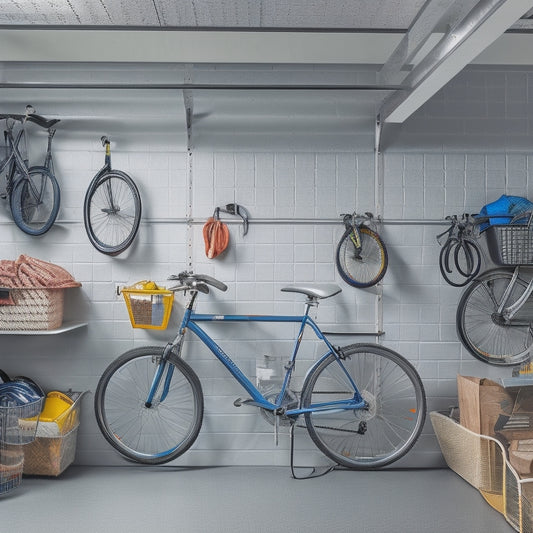 A well-organized garage interior with bikes hung from the ceiling, sports equipment stored in labeled bins, and a slatted wall system with baskets and hooks holding various items, set against a clean, gray background.