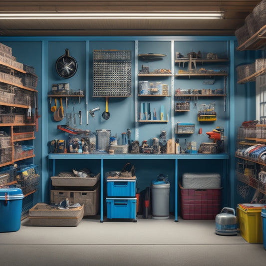 A cluttered garage with tools and storage bins scattered on the floor, contrasted with a neat and organized section featuring adjustable shelving units with labeled bins and a pegboard.