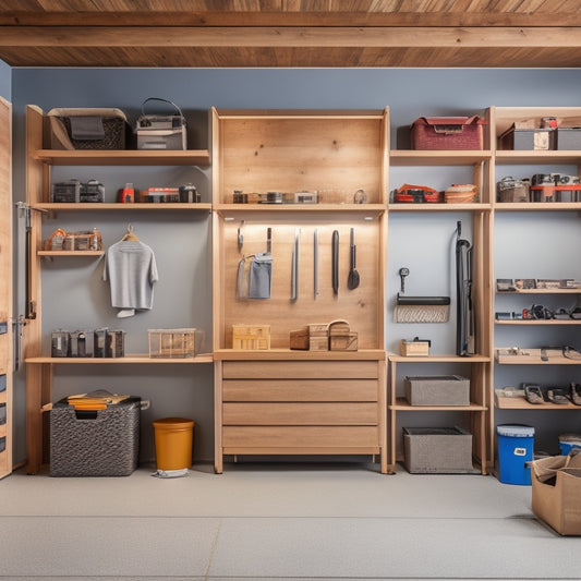 A well-organized garage interior with sturdy, customizable shelves in a warm wood tone, holding various tools and storage bins, against a clean, light-gray concrete wall, with a few scattered work lights.