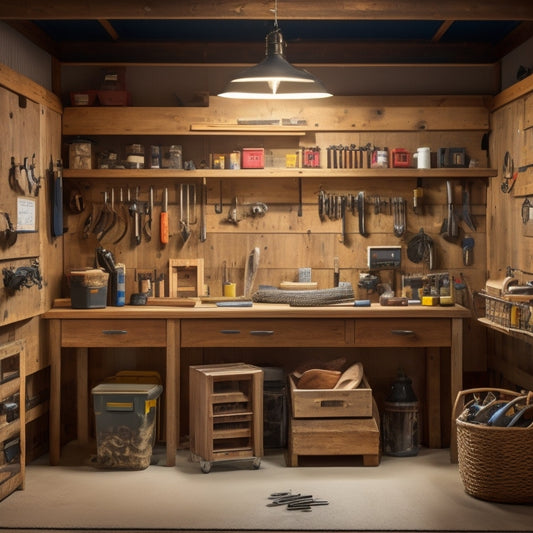 A well-organized garage with a wooden workbench, cabinets, and shelving units, surrounded by tools and machinery, with a few DIY projects in progress, such as a wooden crate and a pegboard.