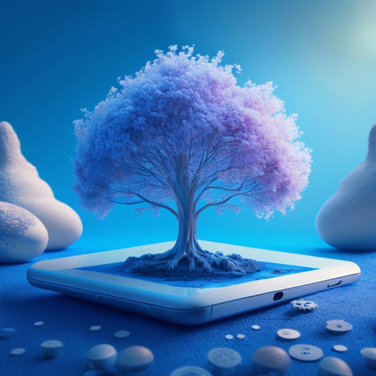 A futuristic tablet with a cracked eggshell revealing a blooming tree, surrounded by orbiting gears, circuits, and tiny robots, set against a gradient blue background with subtle coding patterns.