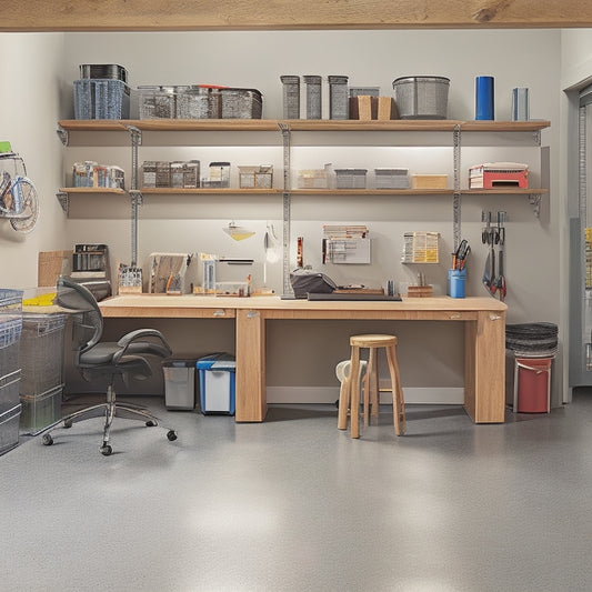An organized garage with a senior-friendly workstation featuring a sturdy, adjustable-height table, ergonomic stool, and ample task lighting, surrounded by labeled bins and easy-to-reach storage solutions.
