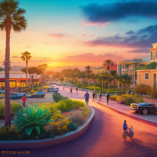 A vibrant illustration of Miramar's cityscape at sunset, featuring a bustling Town Center, diverse residents engaging in outdoor activities, and subtle hints of environmental sustainability and community development.
