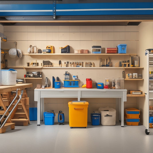A tidy garage with three rows of sturdy, white shelves, each holding various storage bins and tools, with a few power tools and a level lying on the workbench in the foreground.