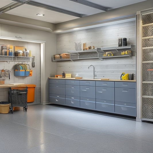 A well-lit, modern garage with a sleek, gray epoxy-coated floor, featuring a pegboard with neatly arranged tools, a floor-to-ceiling shelving unit with labeled bins, and a custom slatwall with hooks and baskets.