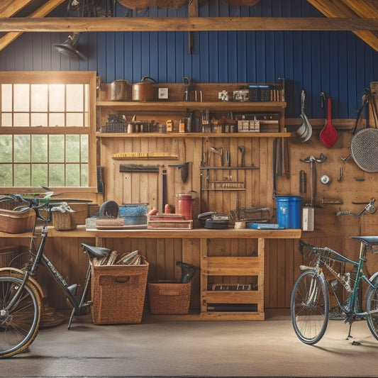A well-organized shed interior with a slatted wall, wooden crates, and metal bins, featuring a workbench with tools, a pegboard, and a few bicycles suspended from the ceiling.