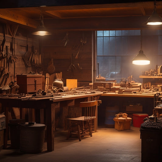 A dimly lit, cluttered woodworking shop with scattered tools and wooden scraps, illuminated by a single, bright light bulb shining down on a sleek, futuristic CNC machine in the center.