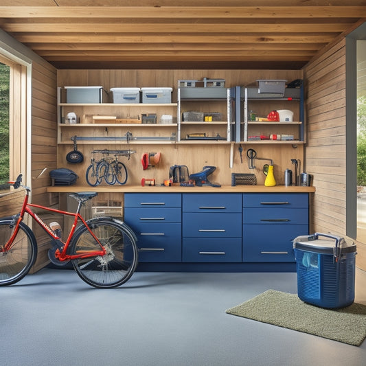 A well-organized garage with sleek, gray cabinets, stainless steel handles, and a wood grain countertop, surrounded by various tools and equipment, with a bicycle and lawn mower in the background.