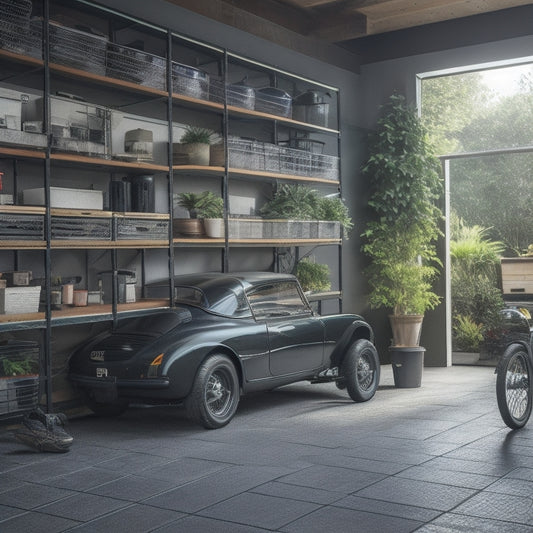 A spotless garage interior with organized tools on a pegboard, labeled storage bins on shelves, and a sleek, black sports car parked in the center, surrounded by a few well-placed plants.