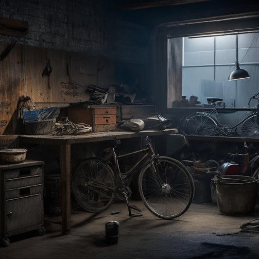 A dimly lit garage with cluttered shelves, rusty tools scattered on the floor, and a worn-out bicycle leaning against a dusty old workbench, surrounded by cobwebs and forgotten memories.