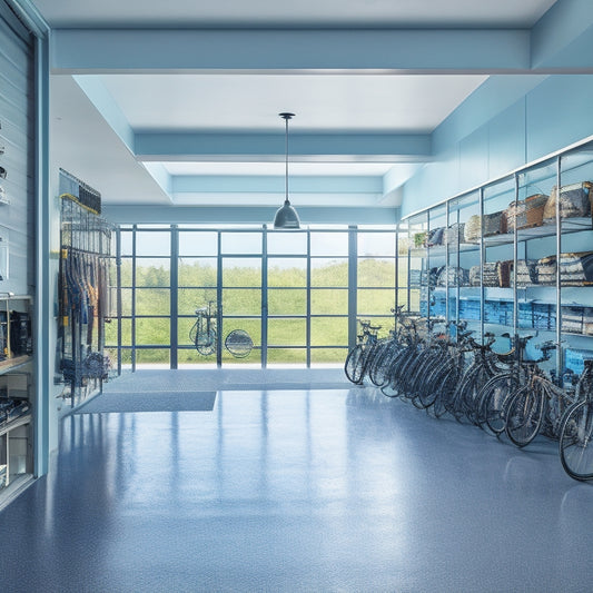 A modern multi-car garage with sleek, floor-to-ceiling storage units, slotted shelves, and overhead racks holding bicycles, luggage, and tools, surrounded by polished concrete floors and bright LED lighting.