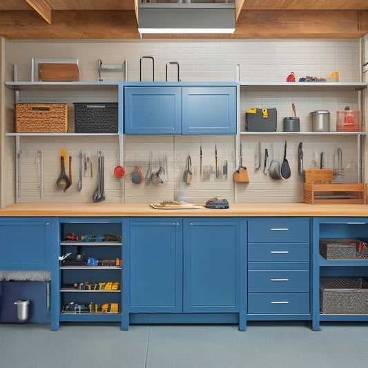 A well-organized garage with sleek, silver cabinets, a slatted wooden workbench, and a pegboard adorned with hanging tools, set against a light gray concrete floor and a contrasting dark gray wall.