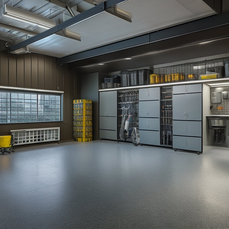 A well-lit, spacious garage with a flat, epoxy-coated floor, featuring a walk-in area with a wide, gradual ramp, and cabinets with pull-out shelves and handlebars at a comfortable height.