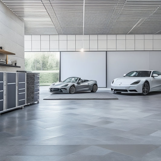 A modern garage interior with sleek, gray, large-format porcelain tiles covering the floor and extending up the walls, surrounded by minimalist storage systems and a few sleek, high-performance sports cars.