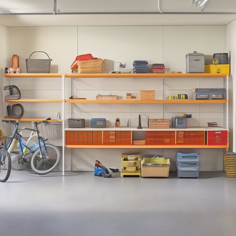 A clutter-free garage with sturdy metal shelving units, holding various heavy items like toolboxes, bicycles, large storage bins, and a few stacked tires, against a light-gray concrete floor and white walls.