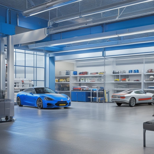 A modern, well-lit garage interior with a sleek, silver BendPak car lift in the center, surrounded by organized toolboxes and a few high-performance cars in the background, with a subtle gradient of blue and white tones.