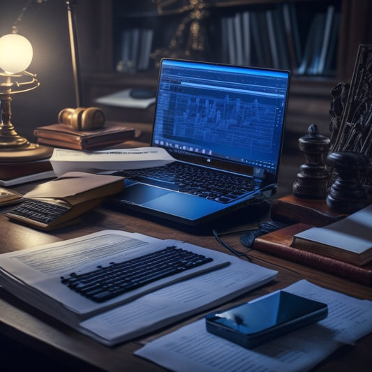 A messy desk with scattered sheets of music, a laptop in the background with a blurred-out screen, and a faint image of a judge's gavel or a law book in the corner, surrounded by music notes and staves.