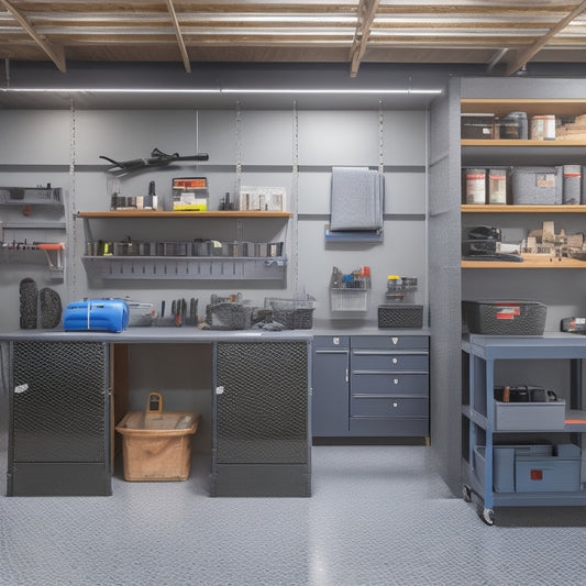 A well-organized workshop garage with a sleek, grey epoxy floor, featuring a pegboard with neatly hung tools, a workbench with a vice, and a row of labeled storage bins on a shelving unit.
