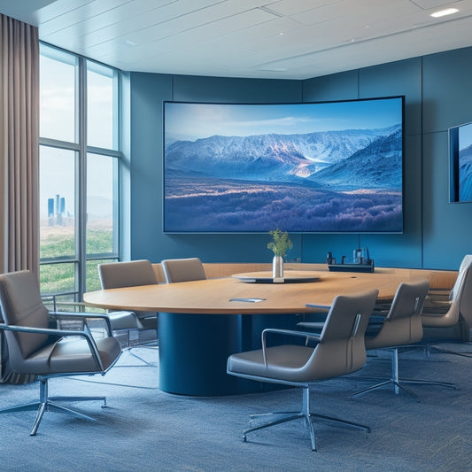 A futuristic conference room with a large Surface Hub 2S display mounted on a sleek, silver wall mount, surrounded by minimalist chairs and a polished wooden table.