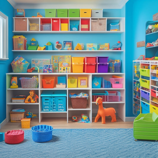 A colorful, clutter-free playroom with stacked bins, labeled cubbies, and a shelving unit holding neatly arranged toys, blocks, and puzzles, surrounded by a few happy, playing children.