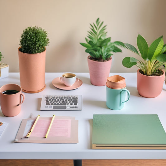 A minimalist desk with a tidy laptop, a cup of steaming coffee, and a few neatly arranged printouts of checklists in pastel colors, surrounded by a few pens and a small potted plant.