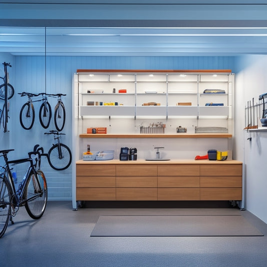 A well-lit, modern garage with sleek, white cabinets and chrome handles, featuring a workbench with a neatly organized toolset, a bicycle hung from the ceiling, and a few storage bins on the floor.